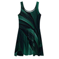 Front flat-lay mockup of the Women's Deep Green Skater Dress (No.04) on a white background, sleeveless fit-and-flare cut with deep green abstract leaf print and mid-thigh skater skirt from Form Finding Design.