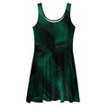 Front flat-lay mockup of the Women's Deep Green Skater Dress (No.06) on a white background, sleeveless fit-and-flare cut with deep green abstract leaf print and mid-thigh skater skirt from Form Finding Design.