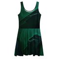 Front flat-lay mockup of the Women's Deep Green Skater Dress (No.07) on a white background, sleeveless fit-and-flare cut with deep green abstract leaf print and mid-thigh skater skirt from Form Finding Design.