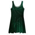 Front flat-lay mockup of the Women's Deep Green Skater Dress (No.08) on a white background, sleeveless fit-and-flare cut with deep green abstract leaf print and mid-thigh skater skirt from Form Finding Design.