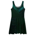 Front flat-lay mockup of the Women's Deep Green Skater Dress (No.10) on a white background, sleeveless fit-and-flare cut with deep green abstract leaf print and mid-thigh skater skirt from Form Finding Design.