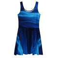 Front flat mockup of the Women's Deep Indigo Skater Dress on a white background, sleeveless scoop-neck fit-and-flare silhouette with mid-thigh skater hem and abstract deep indigo print from Form Finding Design.