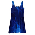 Front flat mockup of the Women's Deep Indigo Skater Dress (No.02) on a white background, sleeveless scoop-neck fit-and-flare silhouette with mid-thigh skater hem and abstract deep indigo print from Form Finding Design.