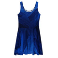 Front flat mockup of the Women's Deep Indigo Skater Dress (No.03) on a white background, sleeveless scoop-neck fit-and-flare silhouette with mid-thigh skater hem and abstract deep indigo print from Form Finding Design.