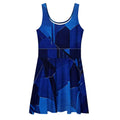 Front flat mockup of the Women's Deep Indigo Skater Dress (No.04) on a white background, sleeveless scoop-neck fit-and-flare silhouette with mid-thigh skater hem and abstract deep indigo print from Form Finding Design.