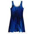 Front flat mockup of the Women's Deep Indigo Skater Dress (No.05) on a white background, sleeveless scoop-neck fit-and-flare silhouette with mid-thigh skater hem and abstract deep indigo print from Form Finding Design.