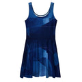 Front flat mockup of the Women's Deep Indigo Skater Dress (No.07) on a white background, sleeveless scoop-neck fit-and-flare silhouette with mid-thigh skater hem and abstract deep indigo print from Form Finding Design.