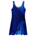 Front flat mockup of the Women's Deep Indigo Skater Dress (No.08) on a white background, sleeveless scoop-neck fit-and-flare silhouette with mid-thigh skater hem and abstract deep indigo print from Form Finding Design.