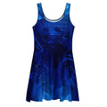 Front flat mockup of the Women's Deep Indigo Skater Dress (No.10) on a white background, sleeveless scoop-neck fit-and-flare silhouette with mid-thigh skater hem and abstract deep indigo print from Form Finding Design.
