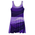 Front flat mockup of the Women's Deep Violet Skater Dress (No.03) on a white background, sleeveless scoop-neck fit-and-flare silhouette with mid-thigh skater skirt and all-over deep violet designer print by Form Finding Design.