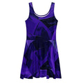 Front flat mockup of the Women's Deep Violet Skater Dress (No.04) on a white background, sleeveless scoop-neck fit-and-flare silhouette with mid-thigh skater skirt and all-over deep violet designer print by Form Finding Design.