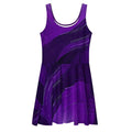 Front flat mockup of the Women's Deep Violet Skater Dress (No.05) on a white background, sleeveless scoop-neck fit-and-flare silhouette with mid-thigh skater skirt and all-over deep violet designer print by Form Finding Design.