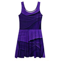 Front flat mockup of the Women's Deep Violet Skater Dress (No.07) on a white background, sleeveless scoop-neck fit-and-flare silhouette with mid-thigh skater skirt and all-over deep violet designer print by Form Finding Design.