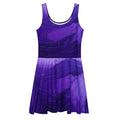 Front flat mockup of the Women's Deep Violet Skater Dress (No.08) on a white background, sleeveless scoop-neck fit-and-flare silhouette with mid-thigh skater skirt and all-over deep violet designer print by Form Finding Design.