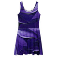 Front flat mockup of the Women's Deep Violet Skater Dress (No.10) on a white background, sleeveless scoop-neck fit-and-flare silhouette with mid-thigh skater skirt and all-over deep violet designer print by Form Finding Design.
