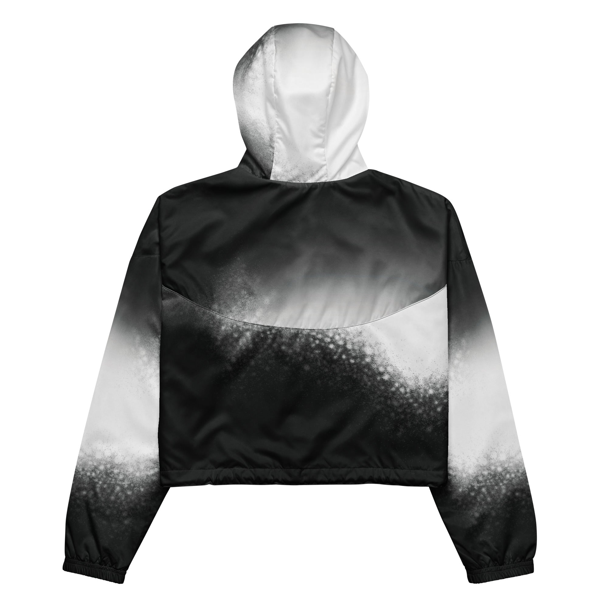 Back studio view of the HER Cropped Dither Distortion Windbreaker (No.07), showing the hood and cropped silhouette. The digital distortion print runs from light grey at the upper back to deep charcoal at the hem; the hood’s outer panels are colour‑blocked in black and white, and the elasticated hem is cinched with a drawcord, all set against a clean white backdrop