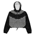 Black Women’s ICN Cropped Windbreaker Print with hood up, cropped water-resistant jacket featuring adjustable drawcords, breathable mesh lining and bold all-over graphic print for stylish outdoor streetwear; by Form Finding Design.