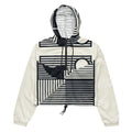 Black Women's ICN Cropped Windbreaker Print (No.03) with hood up, cropped water-resistant jacket featuring adjustable drawcords, breathable mesh lining and bold all-over graphic print for stylish outdoor streetwear; by Form Finding Design.