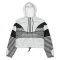 Black Women's ICN Cropped Windbreaker Print (No.05) with hood up, cropped water-resistant jacket featuring adjustable drawcords, breathable mesh lining and bold all-over graphic print for stylish outdoor streetwear; by Form Finding Design.