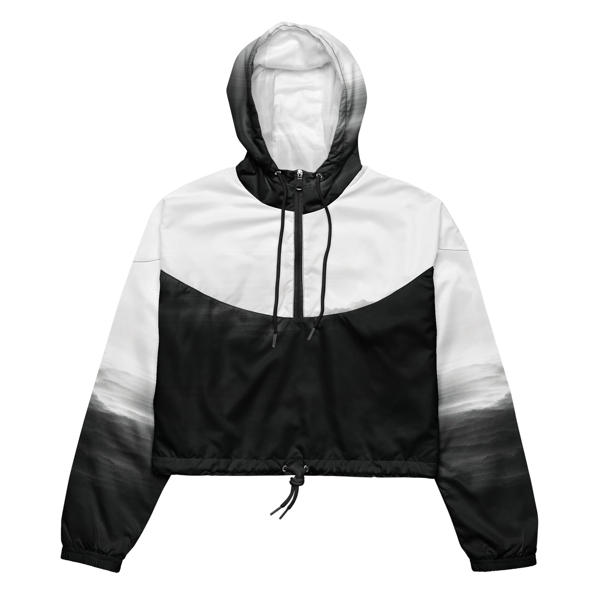 HER Cropped Dither Distortion Windbreaker (No.03) by Form Finding Design, front studio view — cropped hooded jacket with a monochrome graphic distortion print fading from white at the shoulders to dark charcoal at the hem. Features a half‑zip front, black drawstrings, long sleeves and an elasticated hem with a drawcord, displayed on a plain white background