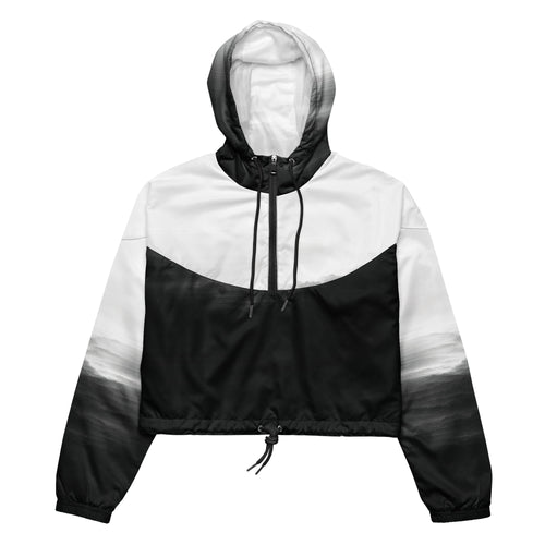 HER Cropped Dither Distortion Windbreaker (No.03) by Form Finding Design, front studio view — cropped hooded jacket with a monochrome graphic distortion print fading from white at the shoulders to dark charcoal at the hem. Features a half‑zip front, black drawstrings, long sleeves and an elasticated hem with a drawcord, displayed on a plain white background