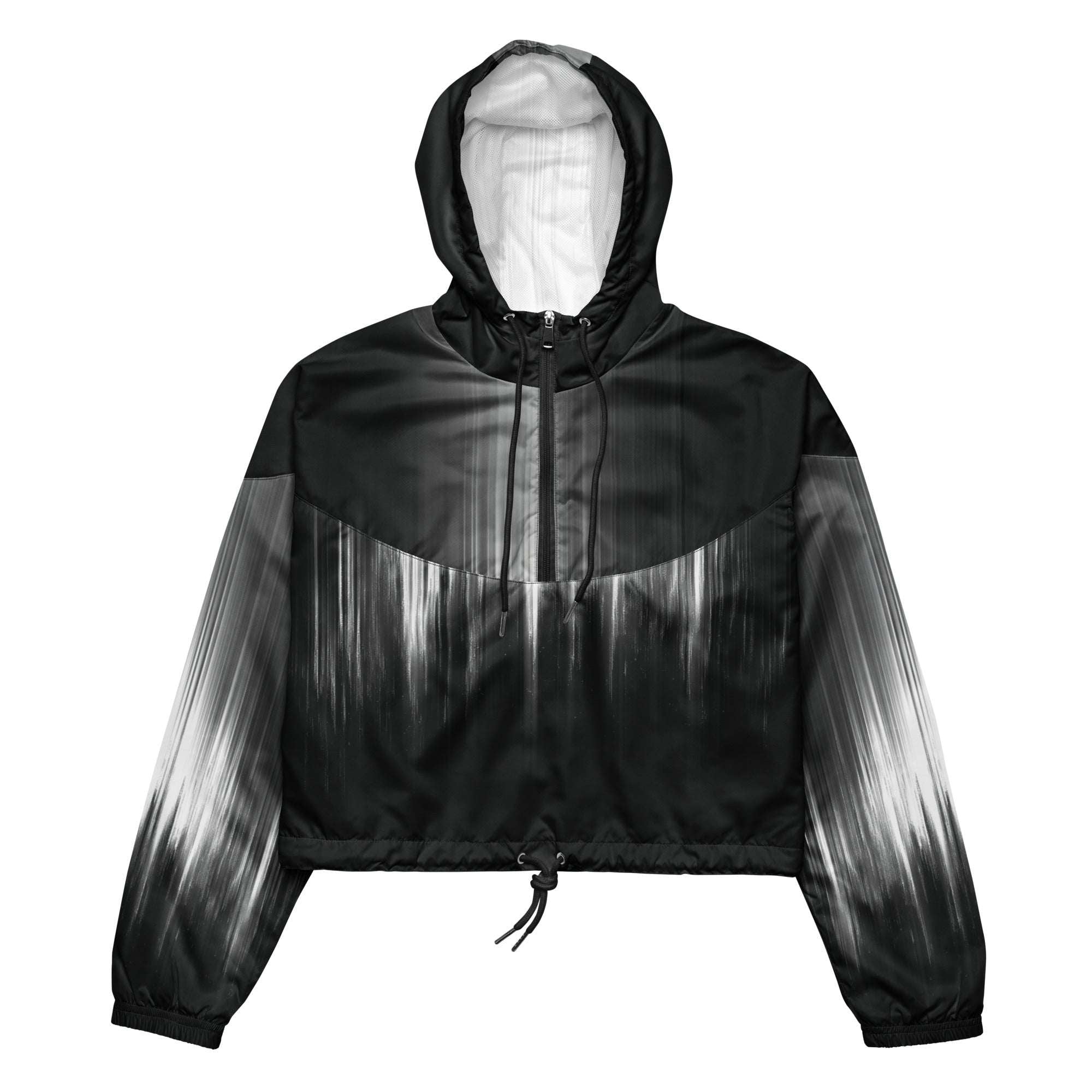 HER Cropped Dither Distortion Windbreaker (No.02) by Form Finding Design, front studio view — cropped hooded jacket with a monochrome graphic distortion print fading from white at the shoulders to dark charcoal at the hem. Features a half‑zip front, black drawstrings, long sleeves and an elasticated hem with a drawcord, displayed on a plain white background