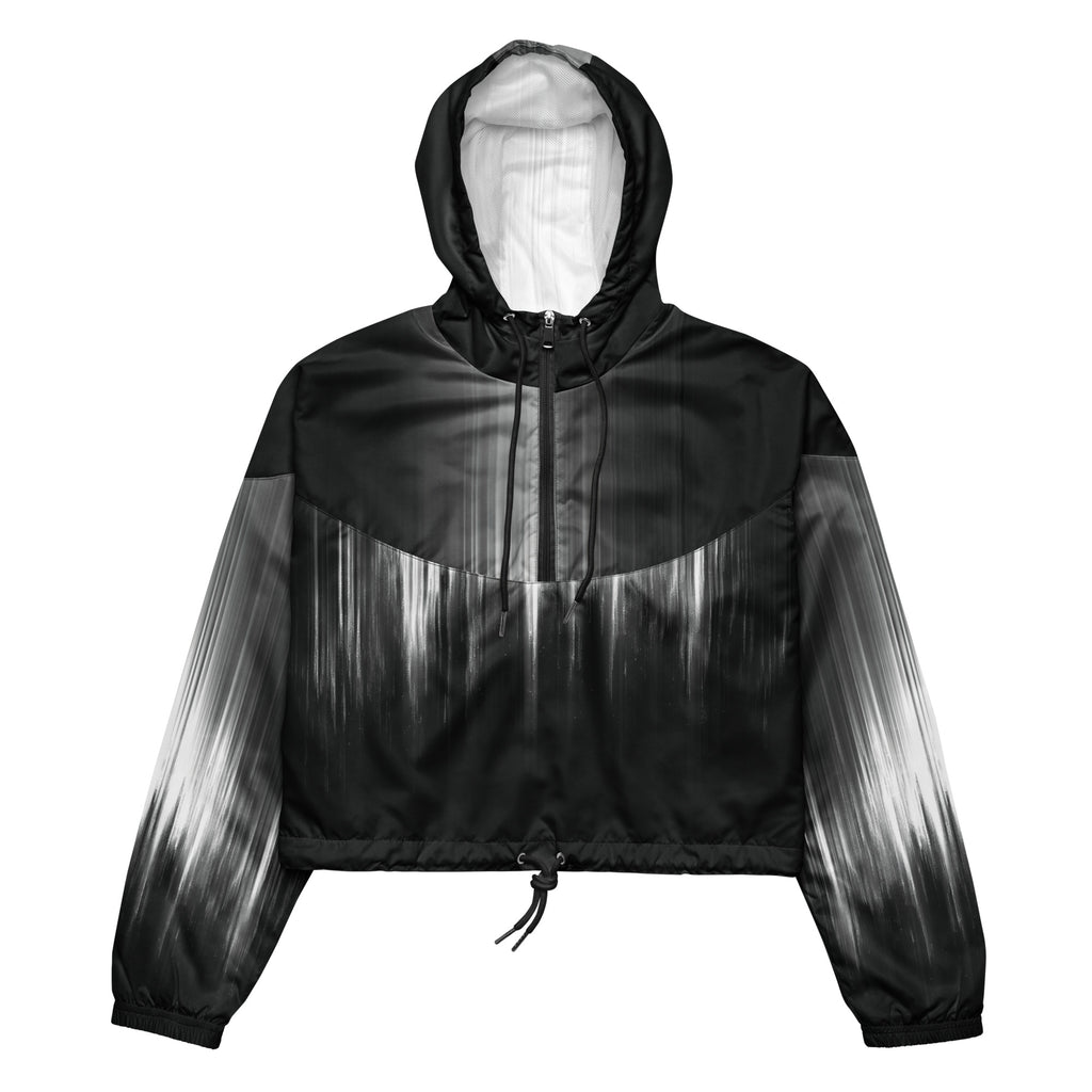 HER Cropped Dither Distortion Windbreaker (No.02) by Form Finding Design, front studio view — cropped hooded jacket with a monochrome graphic distortion print fading from white at the shoulders to dark charcoal at the hem. Features a half‑zip front, black drawstrings, long sleeves and an elasticated hem with a drawcord, displayed on a plain white background