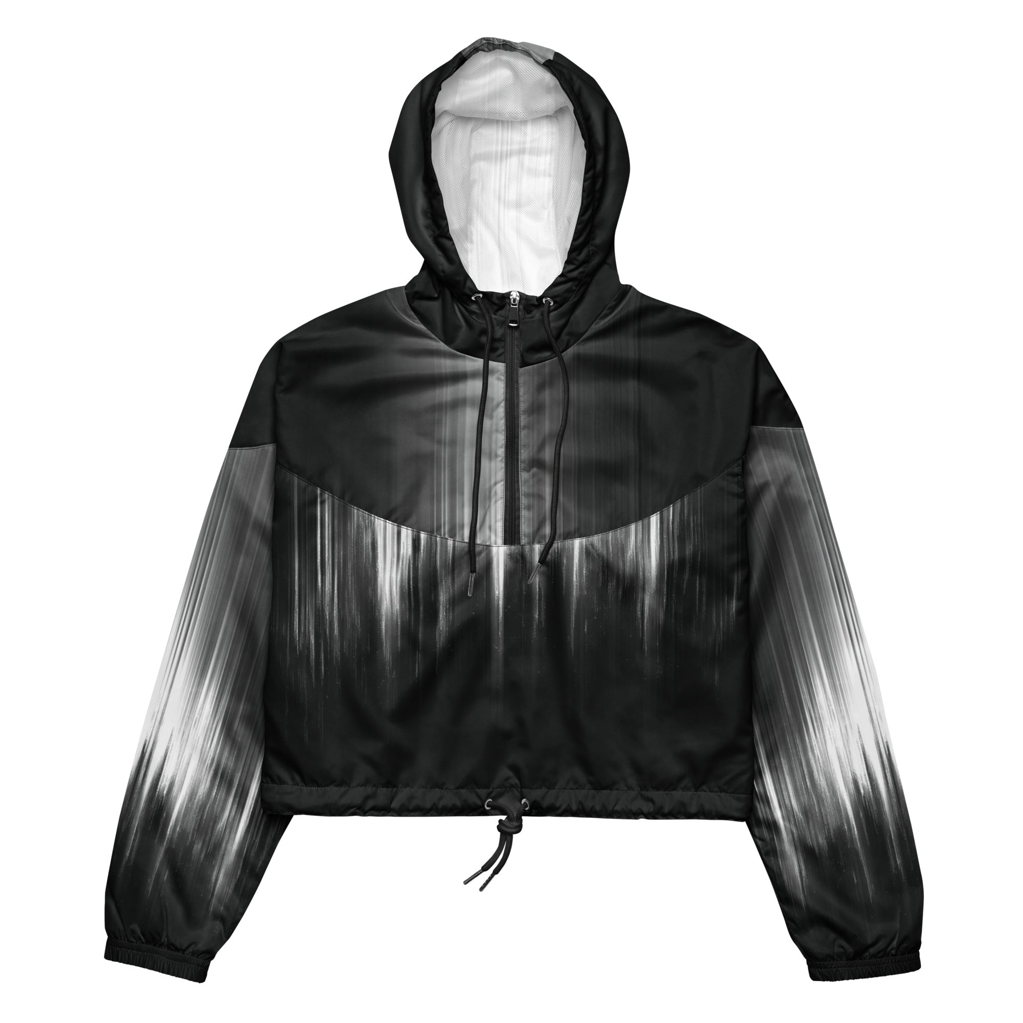 HER Cropped Dither Distortion Windbreaker (No.02) by Form Finding Design, front studio view — cropped hooded jacket with a monochrome graphic distortion print fading from white at the shoulders to dark charcoal at the hem. Features a half‑zip front, black drawstrings, long sleeves and an elasticated hem with a drawcord, displayed on a plain white background