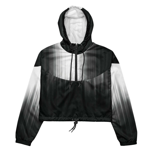 HER Cropped Dither Distortion Windbreaker (No.04) by Form Finding Design, front studio view — cropped hooded jacket with a monochrome graphic distortion print fading from white at the shoulders to dark charcoal at the hem. Features a half‑zip front, black drawstrings, long sleeves and an elasticated hem with a drawcord, displayed on a plain white background