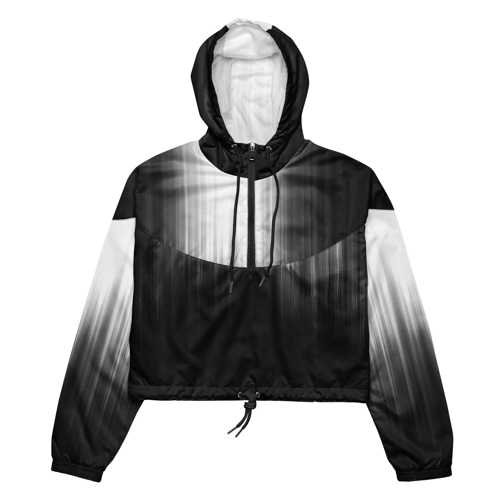 HER Cropped Dither Distortion Windbreaker (No.04) by Form Finding Design, front studio view — cropped hooded jacket with a monochrome graphic distortion print fading from white at the shoulders to dark charcoal at the hem. Features a half‑zip front, black drawstrings, long sleeves and an elasticated hem with a drawcord, displayed on a plain white background