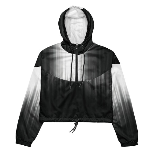 HER Cropped Dither Distortion Windbreaker (No.04) by Form Finding Design, front studio view — cropped hooded jacket with a monochrome graphic distortion print fading from white at the shoulders to dark charcoal at the hem. Features a half‑zip front, black drawstrings, long sleeves and an elasticated hem with a drawcord, displayed on a plain white background