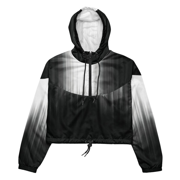 HER Cropped Dither Distortion Windbreaker (No.04) by Form Finding Design, front studio view — cropped hooded jacket with a monochrome graphic distortion print fading from white at the shoulders to dark charcoal at the hem. Features a half‑zip front, black drawstrings, long sleeves and an elasticated hem with a drawcord, displayed on a plain white background