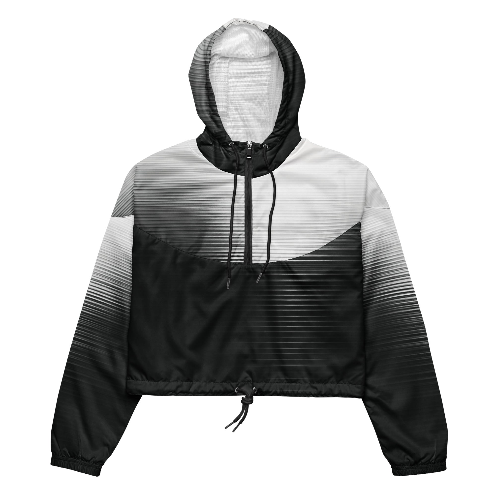 HER Cropped Dither Distortion Windbreaker (No.05) by Form Finding Design, front studio view — cropped hooded jacket with a monochrome graphic distortion print fading from white at the shoulders to dark charcoal at the hem. Features a half‑zip front, black drawstrings, long sleeves and an elasticated hem with a drawcord, displayed on a plain white background