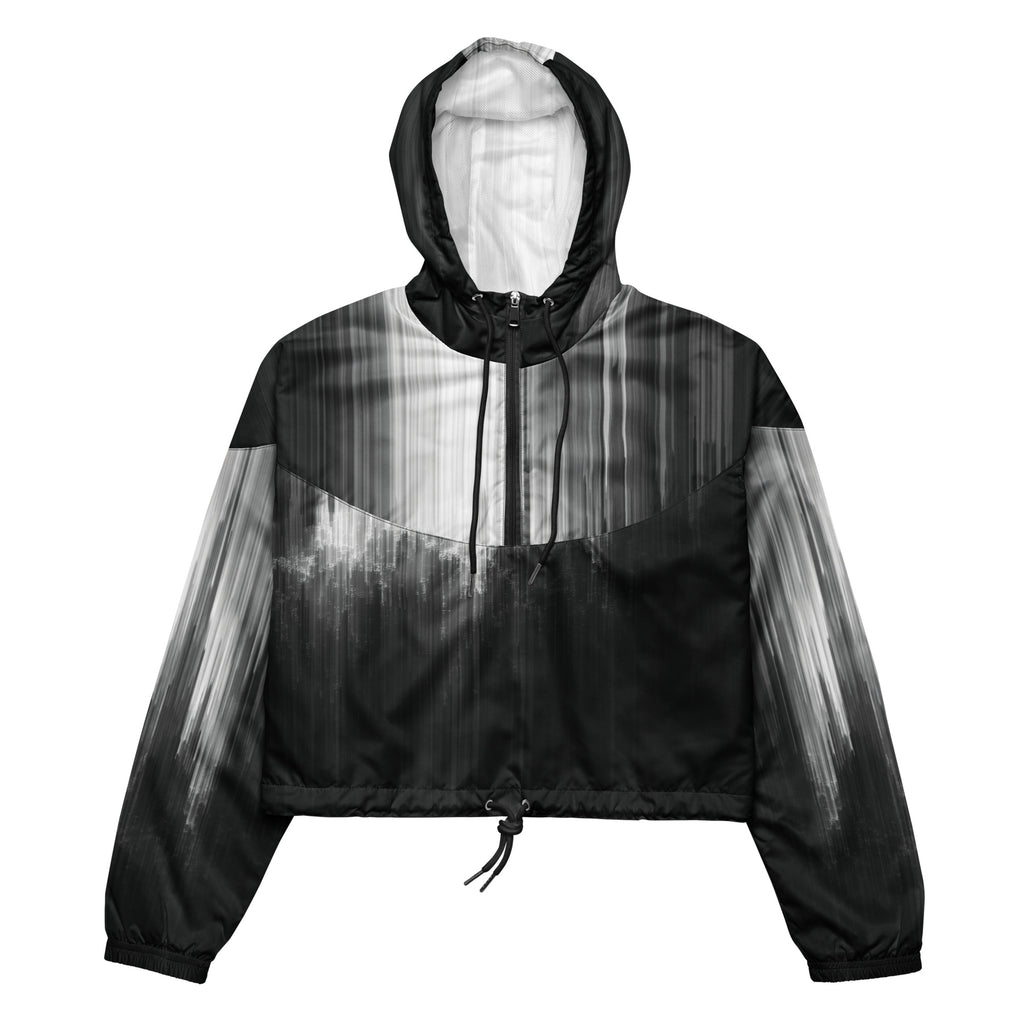 HER Cropped Dither Distortion Windbreaker (No.06) by Form Finding Design, front studio view — cropped hooded jacket with a monochrome graphic distortion print fading from white at the shoulders to dark charcoal at the hem. Features a half‑zip front, black drawstrings, long sleeves and an elasticated hem with a drawcord, displayed on a plain white background
