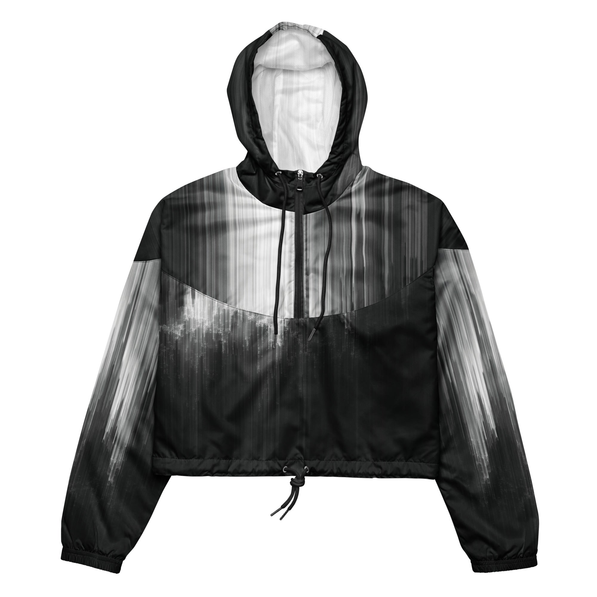 HER Cropped Dither Distortion Windbreaker (No.06) by Form Finding Design, front studio view — cropped hooded jacket with a monochrome graphic distortion print fading from white at the shoulders to dark charcoal at the hem. Features a half‑zip front, black drawstrings, long sleeves and an elasticated hem with a drawcord, displayed on a plain white background