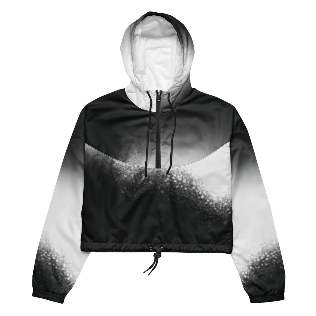 HER Cropped Dither Distortion Windbreaker (No.07) by Form Finding Design, front studio view — cropped hooded jacket with a monochrome graphic distortion print fading from white at the shoulders to dark charcoal at the hem. Features a half‑zip front, black drawstrings, long sleeves and an elasticated hem with a drawcord, displayed on a plain white background
