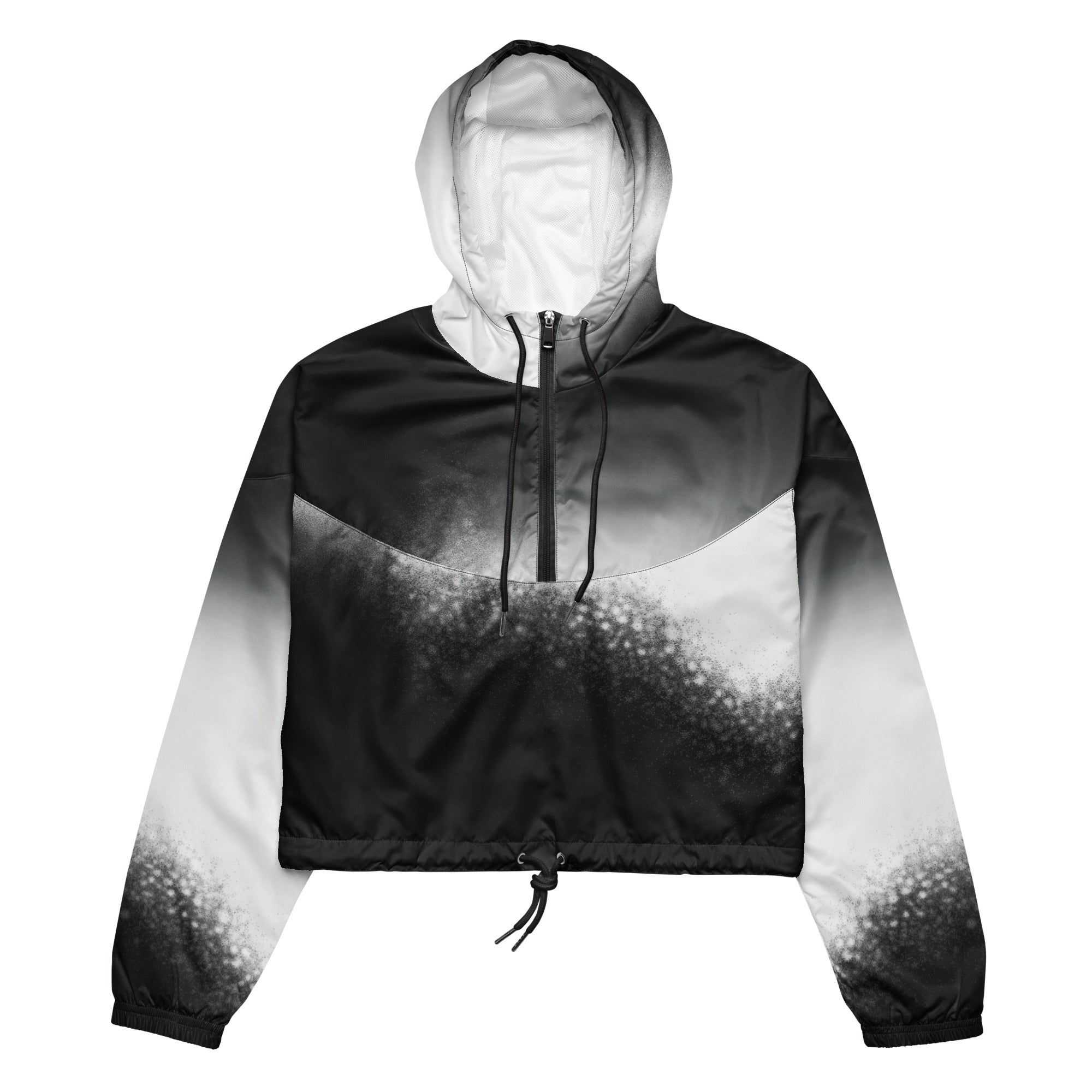 HER Cropped Dither Distortion Windbreaker (No.07) by Form Finding Design, front studio view — cropped hooded jacket with a monochrome graphic distortion print fading from white at the shoulders to dark charcoal at the hem. Features a half‑zip front, black drawstrings, long sleeves and an elasticated hem with a drawcord, displayed on a plain white background