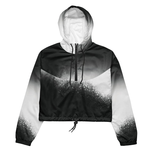 HER Cropped Dither Distortion Windbreaker (No.07) by Form Finding Design, front studio view — cropped hooded jacket with a monochrome graphic distortion print fading from white at the shoulders to dark charcoal at the hem. Features a half‑zip front, black drawstrings, long sleeves and an elasticated hem with a drawcord, displayed on a plain white background