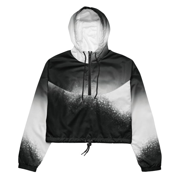 HER Cropped Dither Distortion Windbreaker (No.07) by Form Finding Design, front studio view — cropped hooded jacket with a monochrome graphic distortion print fading from white at the shoulders to dark charcoal at the hem. Features a half‑zip front, black drawstrings, long sleeves and an elasticated hem with a drawcord, displayed on a plain white background