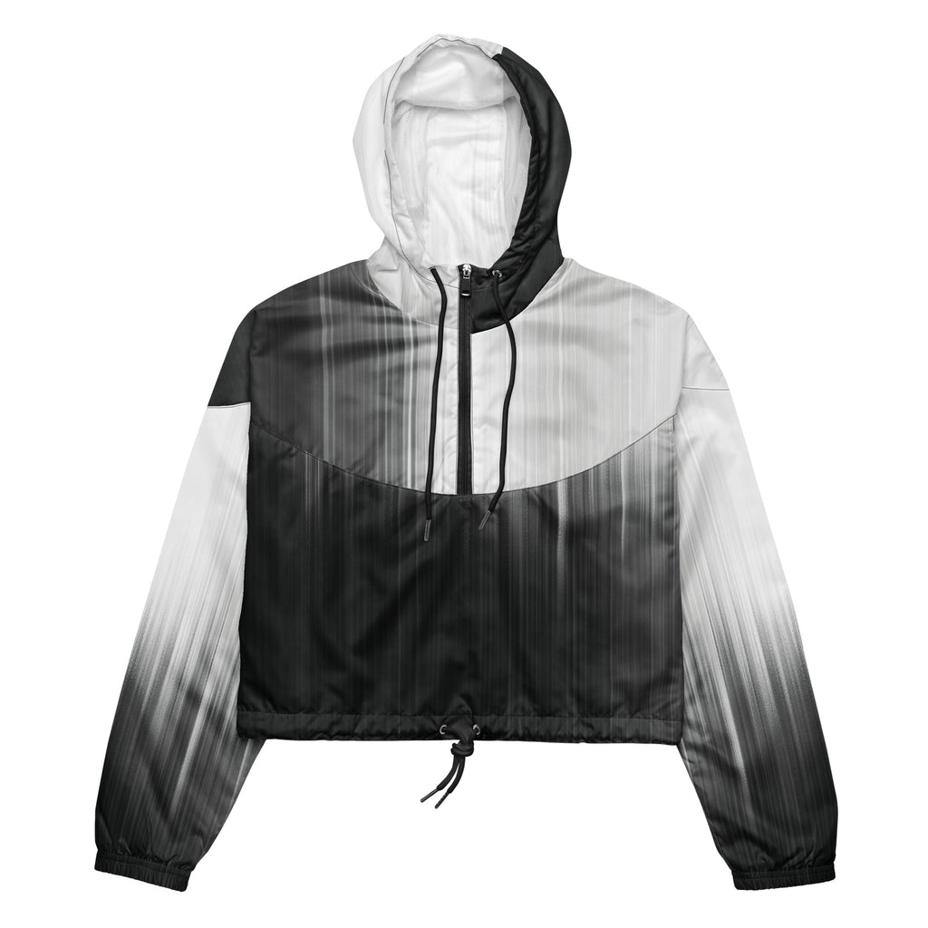 HER Cropped Dither Distortion Windbreaker (No.08) by Form Finding Design, front studio view — cropped hooded jacket with a monochrome graphic distortion print fading from white at the shoulders to dark charcoal at the hem. Features a half‑zip front, black drawstrings, long sleeves and an elasticated hem with a drawcord, displayed on a plain white background