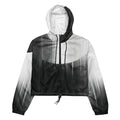 HER Cropped Dither Distortion Windbreaker (No.08) by Form Finding Design, front studio view — cropped hooded jacket with a monochrome graphic distortion print fading from white at the shoulders to dark charcoal at the hem. Features a half‑zip front, black drawstrings, long sleeves and an elasticated hem with a drawcord, displayed on a plain white background