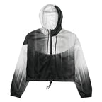 HER Cropped Dither Distortion Windbreaker (No.08) by Form Finding Design, front studio view — cropped hooded jacket with a monochrome graphic distortion print fading from white at the shoulders to dark charcoal at the hem. Features a half‑zip front, black drawstrings, long sleeves and an elasticated hem with a drawcord, displayed on a plain white background