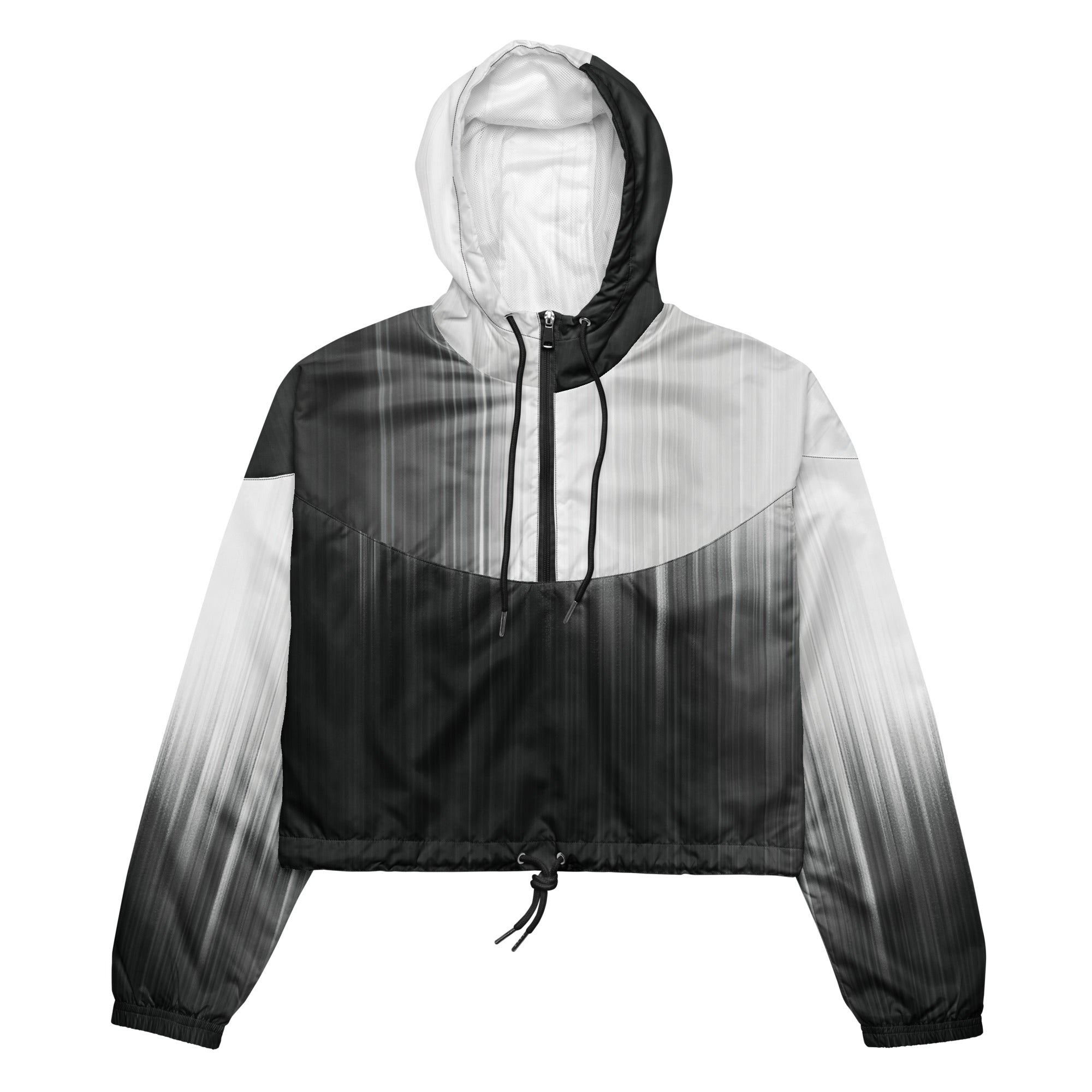 HER Cropped Dither Distortion Windbreaker (No.08) by Form Finding Design, front studio view — cropped hooded jacket with a monochrome graphic distortion print fading from white at the shoulders to dark charcoal at the hem. Features a half‑zip front, black drawstrings, long sleeves and an elasticated hem with a drawcord, displayed on a plain white background