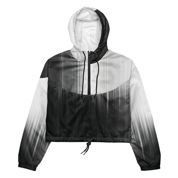 HER Cropped Dither Distortion Windbreaker (No.08) by Form Finding Design, front studio view — cropped hooded jacket with a monochrome graphic distortion print fading from white at the shoulders to dark charcoal at the hem. Features a half‑zip front, black drawstrings, long sleeves and an elasticated hem with a drawcord, displayed on a plain white background
