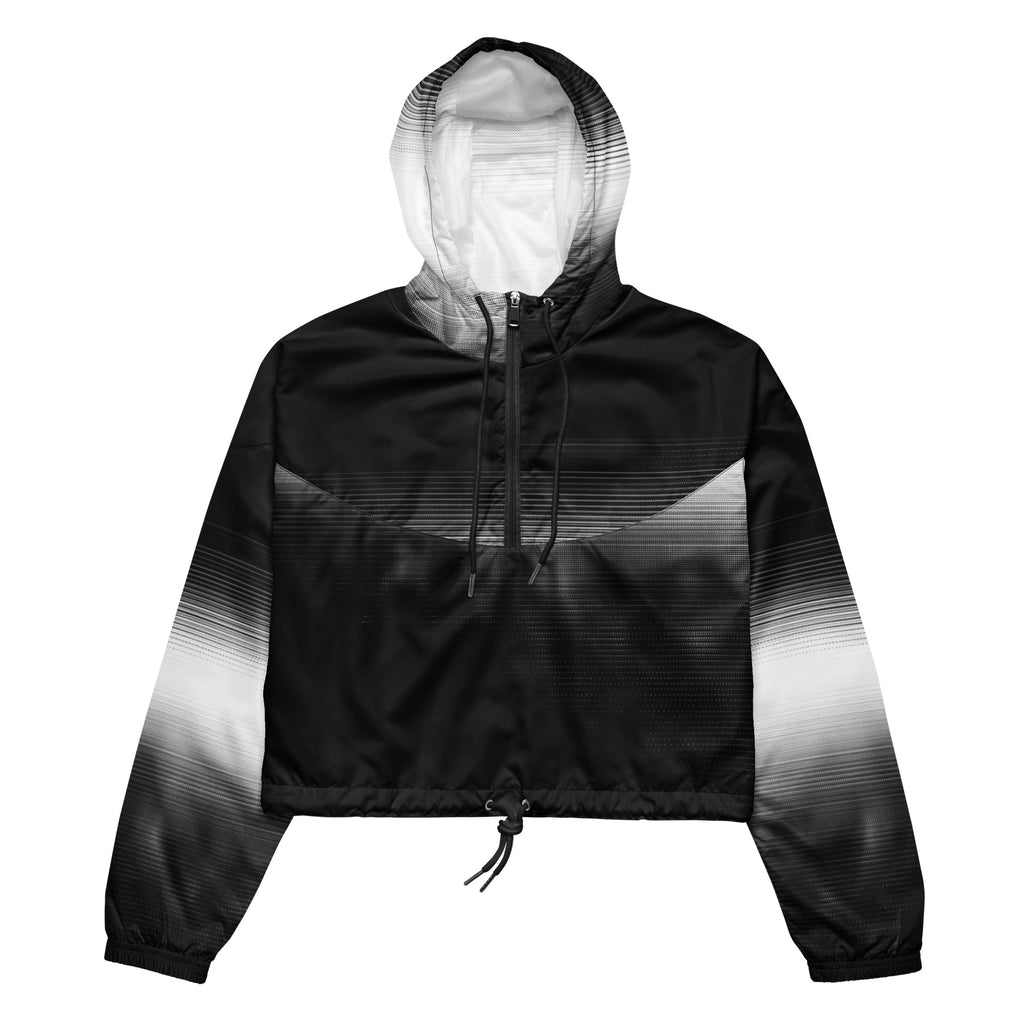 HER Cropped Dither Distortion Windbreaker (No.09) by Form Finding Design, front studio view — cropped hooded jacket with a monochrome graphic distortion print fading from white at the shoulders to dark charcoal at the hem. Features a half‑zip front, black drawstrings, long sleeves and an elasticated hem with a drawcord, displayed on a plain white background