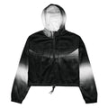 HER Cropped Dither Distortion Windbreaker (No.09) by Form Finding Design, front studio view — cropped hooded jacket with a monochrome graphic distortion print fading from white at the shoulders to dark charcoal at the hem. Features a half‑zip front, black drawstrings, long sleeves and an elasticated hem with a drawcord, displayed on a plain white background