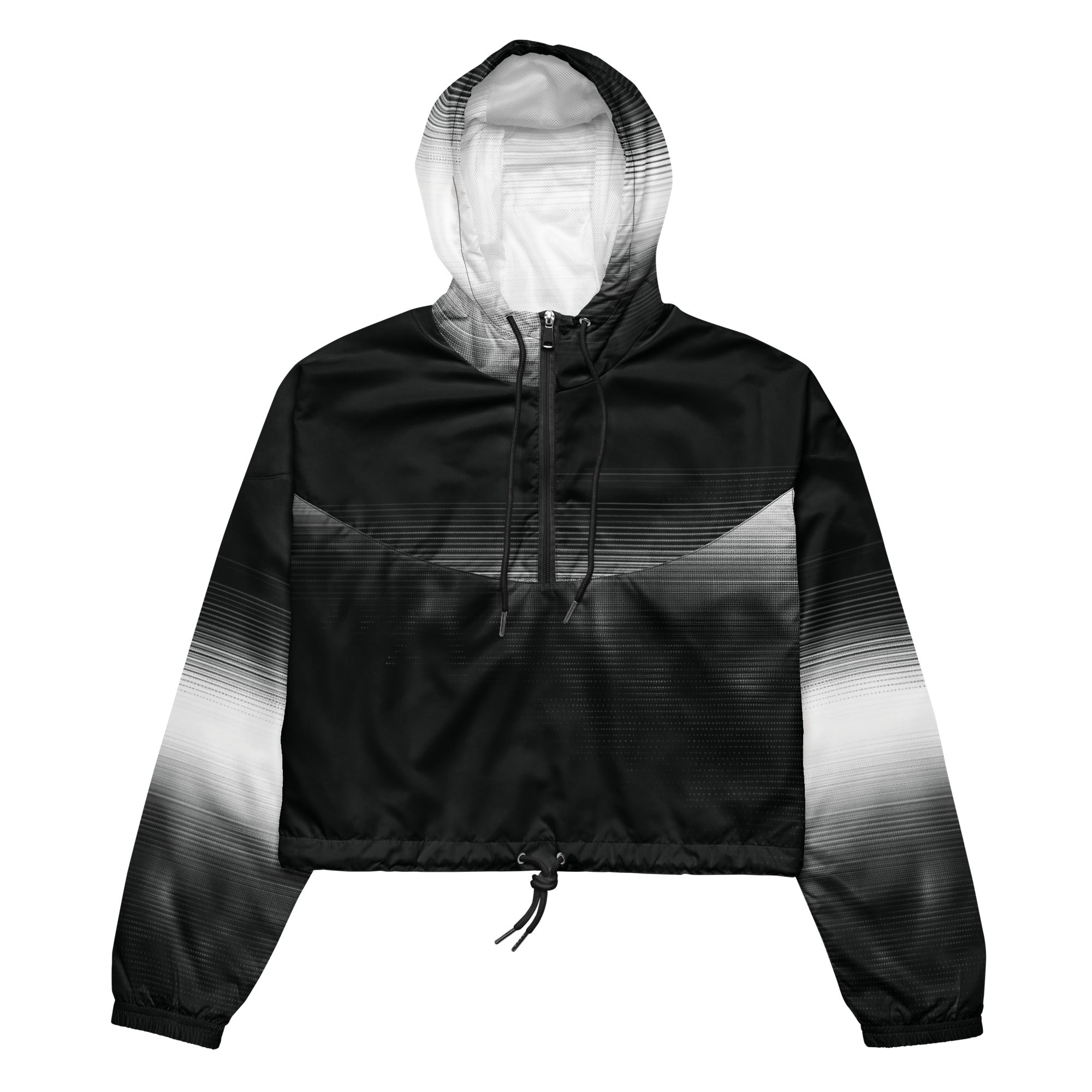 HER Cropped Dither Distortion Windbreaker (No.09) by Form Finding Design, front studio view — cropped hooded jacket with a monochrome graphic distortion print fading from white at the shoulders to dark charcoal at the hem. Features a half‑zip front, black drawstrings, long sleeves and an elasticated hem with a drawcord, displayed on a plain white background