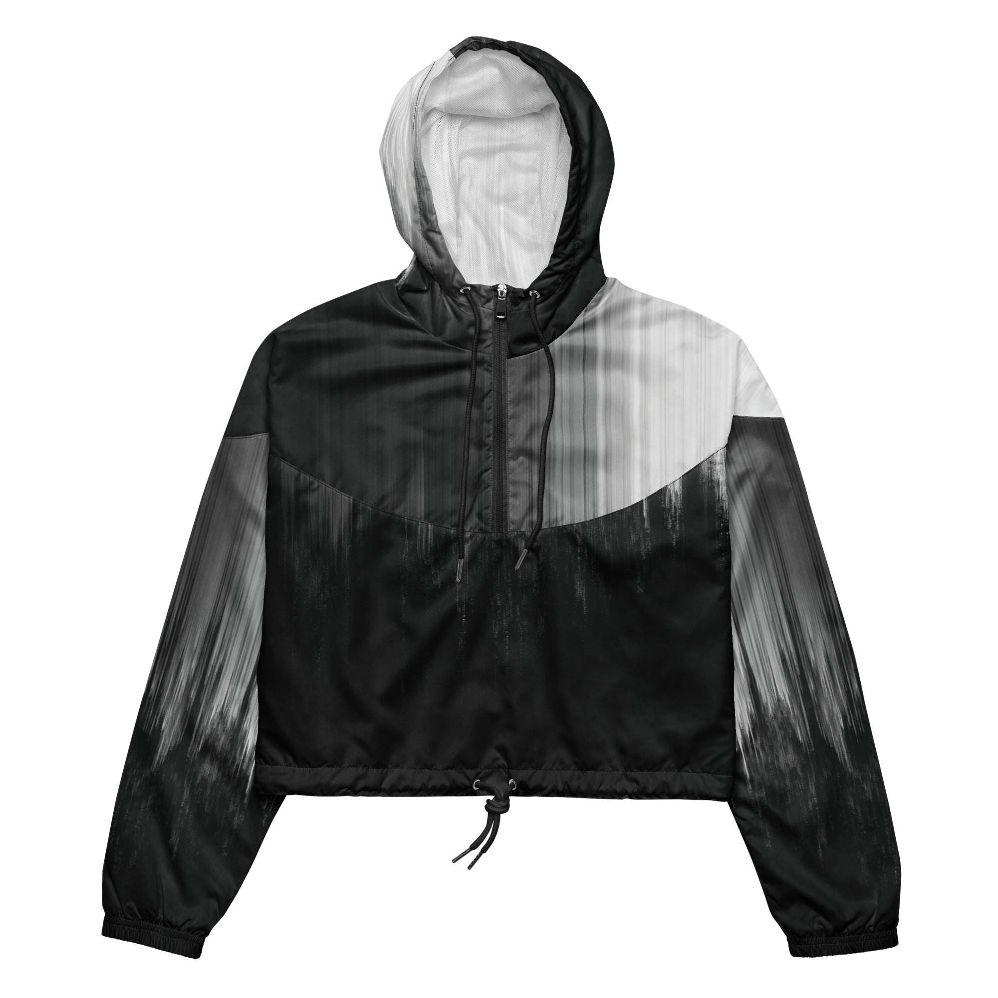 HER Cropped Dither Distortion Windbreaker (No.10) by Form Finding Design, front studio view — cropped hooded jacket with a monochrome graphic distortion print fading from white at the shoulders to dark charcoal at the hem. Features a half‑zip front, black drawstrings, long sleeves and an elasticated hem with a drawcord, displayed on a plain white background