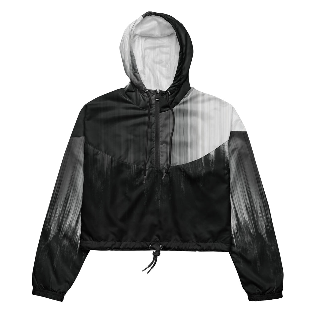 HER Cropped Dither Distortion Windbreaker (No.10) by Form Finding Design, front studio view — cropped hooded jacket with a monochrome graphic distortion print fading from white at the shoulders to dark charcoal at the hem. Features a half‑zip front, black drawstrings, long sleeves and an elasticated hem with a drawcord, displayed on a plain white background