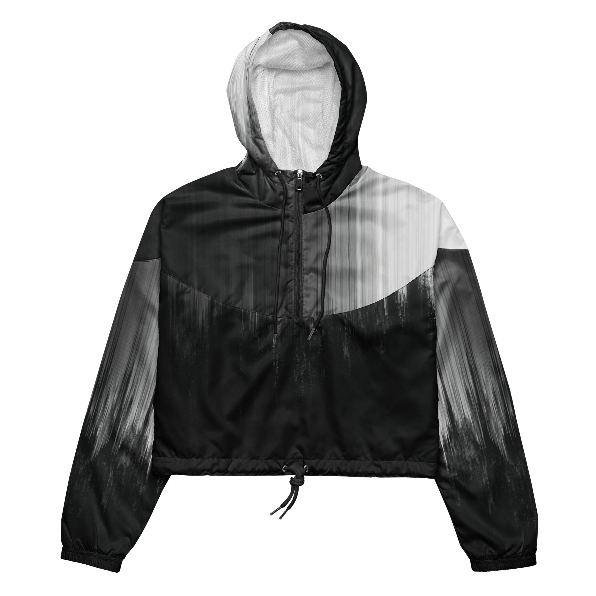 HER Cropped Dither Distortion Windbreaker (No.10) by Form Finding Design, front studio view — cropped hooded jacket with a monochrome graphic distortion print fading from white at the shoulders to dark charcoal at the hem. Features a half‑zip front, black drawstrings, long sleeves and an elasticated hem with a drawcord, displayed on a plain white background